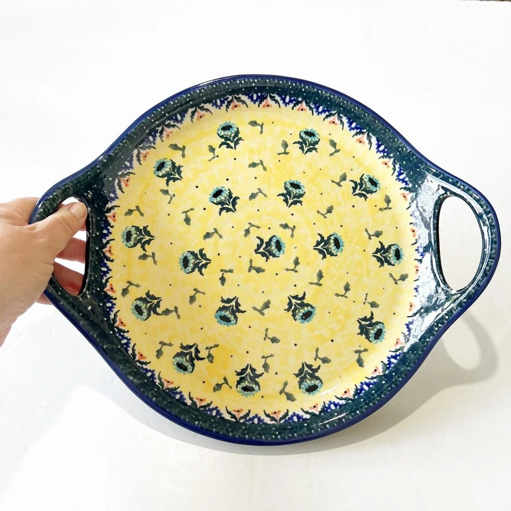 Boleslawiec Polish Pottery Yellow Blue Round Serving Tray w/ Handles Coneflower